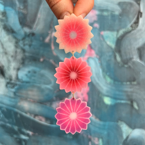 Triple Flower Pom Earrings in Fiery Pink