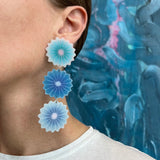 Triple Flower Pom Earrings in Blue