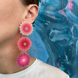 Triple Flower Pom Earrings in Fiery Pink