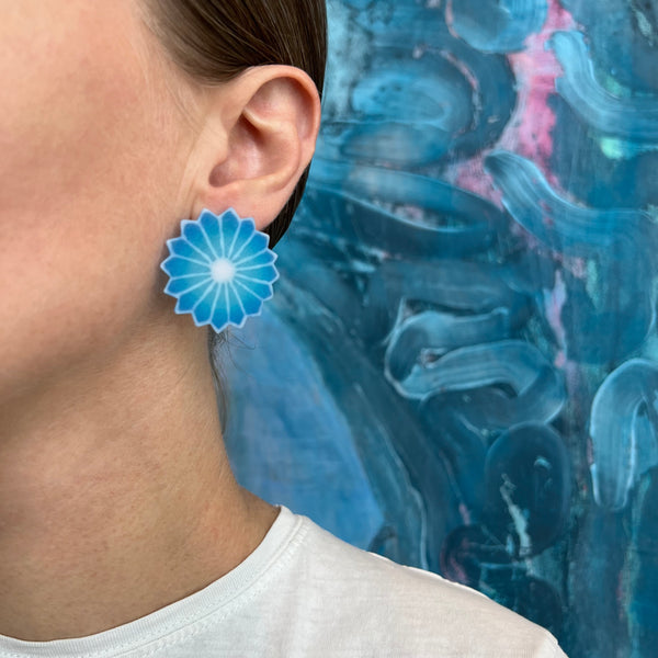 Flower Pom Earrings, Cerulean Blue