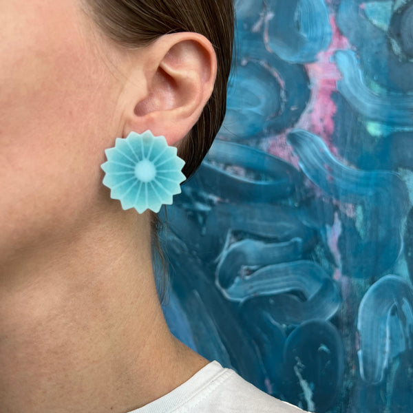 Flower Pom Earrings, Ice Blue