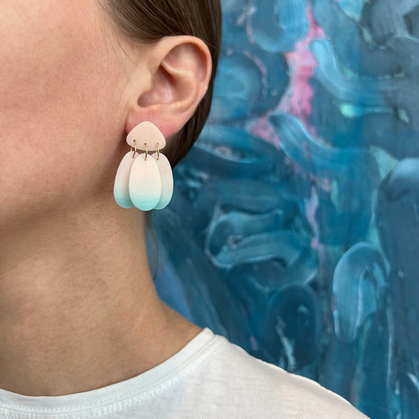 Small Three Tassel Earring, Ecru - Aqua