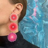 Triple Flower Pom Earrings in Fiery Pink