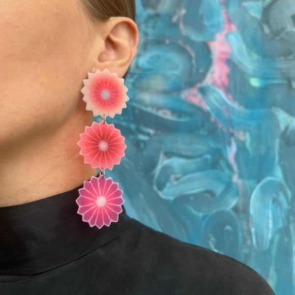 Triple Flower Pom Earrings in Fiery Pink