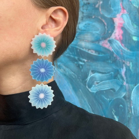 Triple Flower Pom Earrings in Blue