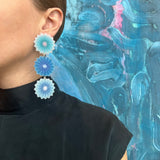 Triple Flower Pom Earrings in Blue