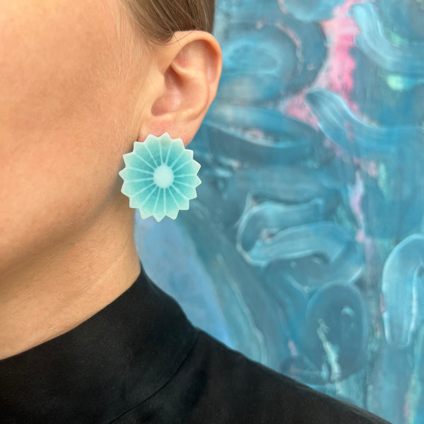 Flower Pom Earrings, Ice Blue