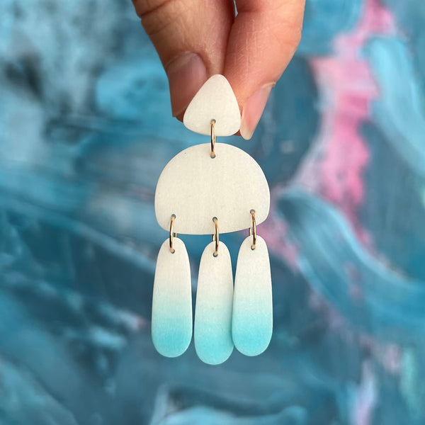 Medium Three Tassel Earring, Powder White - Sky Blue