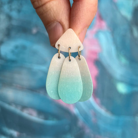 Small Three Tassel Earring, Bone - Aqua