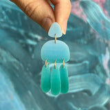 Medium Three Tassel Earring, Sky Blue - Emerald Green