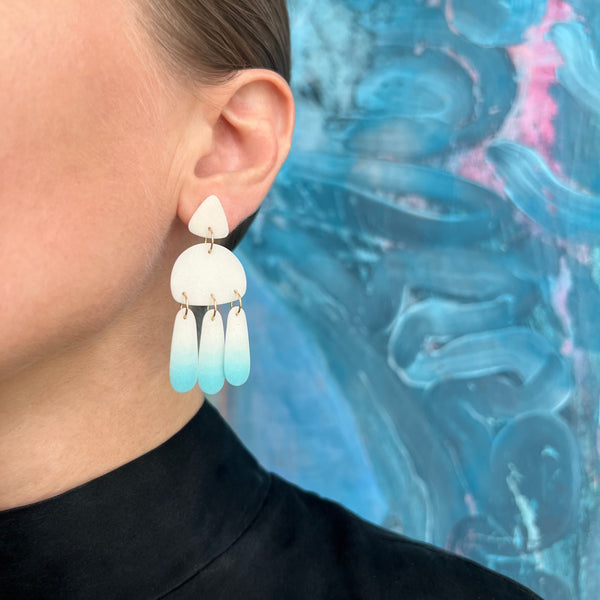 Medium Three Tassel Earring, Powder White - Sky Blue