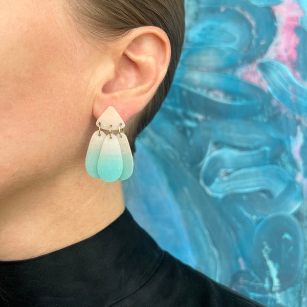 Small Three Tassel Earring, Bone - Aqua