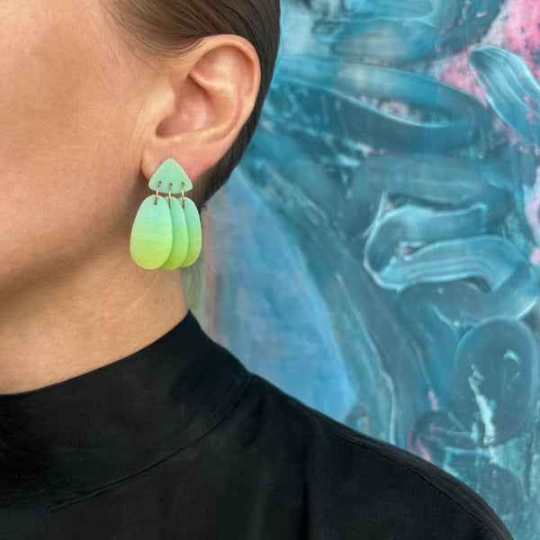 Small Three Tassel Earring, Aqua Green - Lime Green