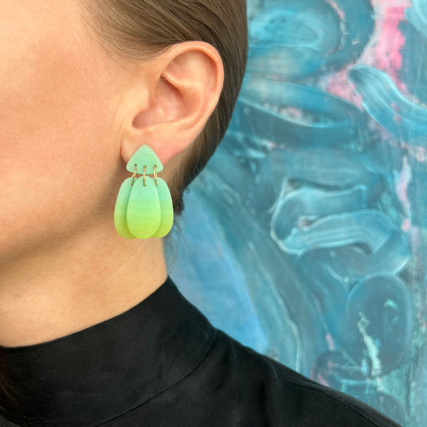 Small Three Tassel Earring, Aqua Green - Lime Green