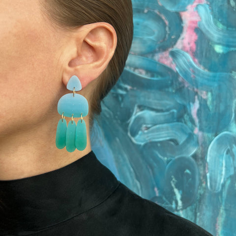 Medium Three Tassel Earring, Sky Blue - Emerald Green