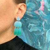 Medium Three Tassel Earring, Sky Blue - Emerald Green