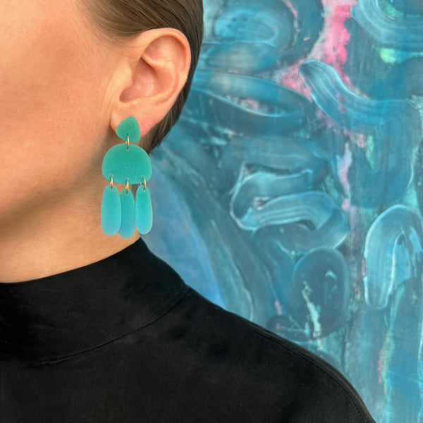 Medium Three Tassel Earring, Aqua Green - Boston Blue