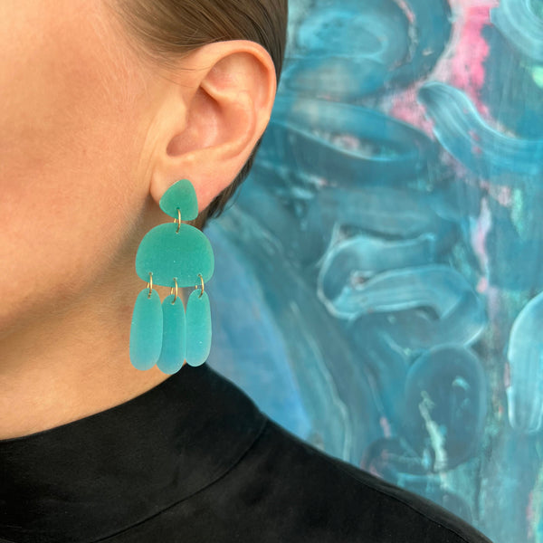 Medium Three Tassel Earring, Aqua Green - Boston Blue