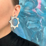 Large Soleil Earrings, Silver Leaf & Midnight Blue