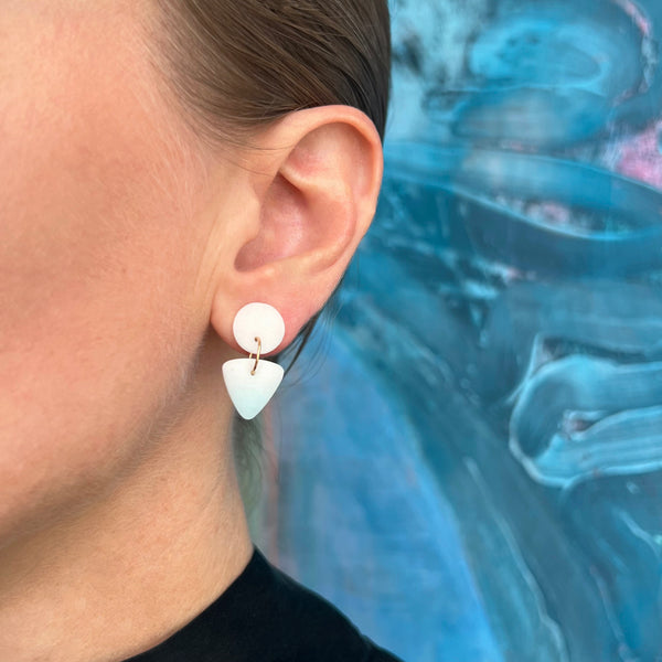 Small Circle Tri Drop Earrings, White - Powder Blue