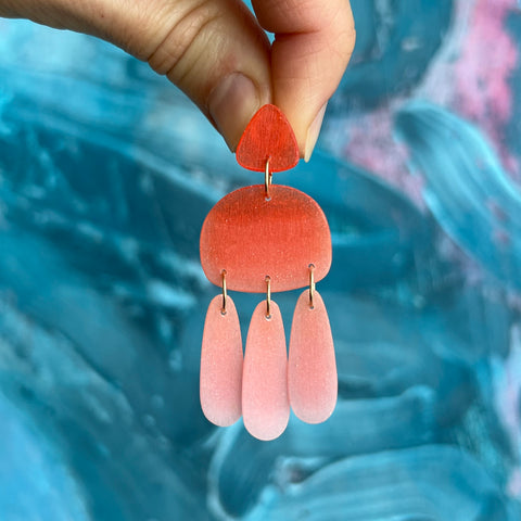 Medium Three Tassel Earring, Deep Orange - Petal Pink