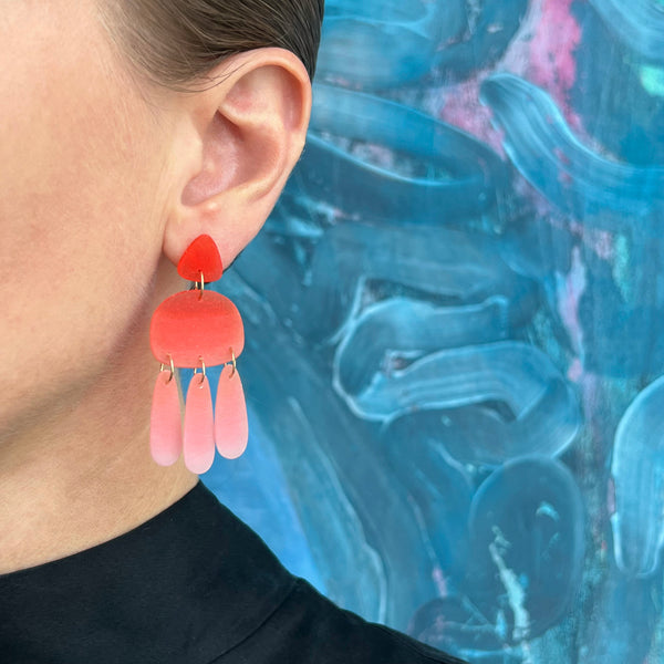 Medium Three Tassel Earring, Deep Orange - Petal Pink