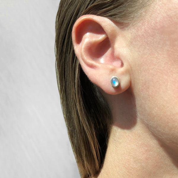 Small oval moonstone studs in sterling silver